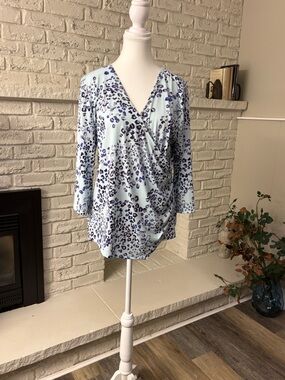 Jessica Light Blue Leopard-Print Surplice Blouse Size XL